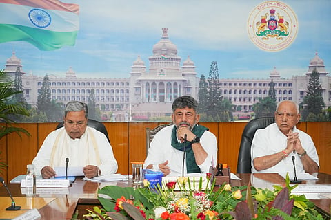 Karnataka CM DK Shivakumar and former CMs Siddaramaiah and BS Yediyurappa at the all-party meeting on Cauvery water release.