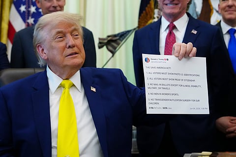 President Donald Trump holds up an image taken from his Truth Social account at an event about coal, Thursday, June 4, 2026, in the Oval Office of the White House in Washington.