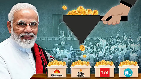 A stylised image with a smiling Narendra Modi in the foreground on the left. A grey scale image of the Lok Sabha in session in the background. A hand holding a black funnel containing gold coins with the rupee sign in the middle. Coins from the funnel fall into four boxes labelled "Dainik Jagran', 'Dainik Bhaskar', 'TOI' and 'HT'