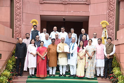 Lok Sabha Speaker Om Birla with Members of the Joint Parliamentary Committee on the Corporate Laws (Amendment) Bill, 2026