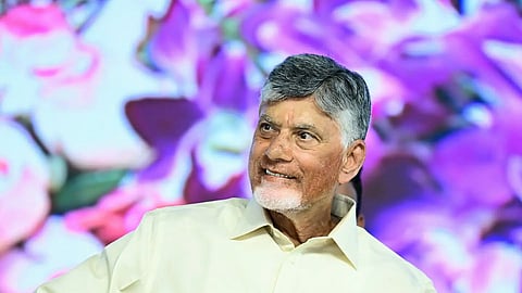 N. Chandrababu Naidu seated in a chair, wearing his signature light yellow collared shirt with a pen in his pocket, smiling while looking slightly off-camera against a colorful floral backdrop.