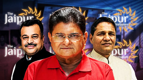 A composite image featuring three men against a backdrop displaying “The Jaipur Dialogues” logo, with the central man - Dixit- in a red shirt and glasses in the foreground, flanked by two men - Joshi and Kothari.