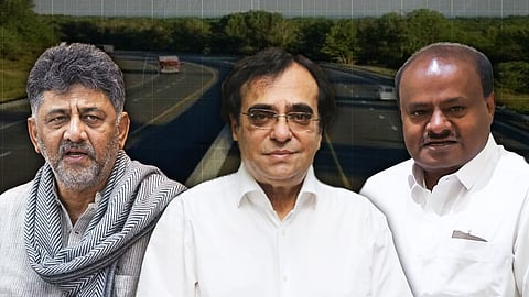 On the left, is Karnataka CM DK Shivakumar, a man with grey hair moustache and beard wearing a scarf around his neck. Next to him, in the centre is NICE MD Ashok Kheny, a man with black hair in a white shirt. On the right is HD Kumaraswamy, a balding man with a moustache. Behind them, in the background is a highway. 