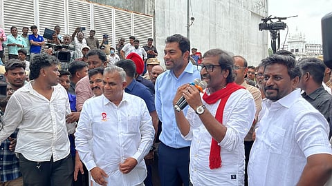 Ministers N Anand, Aadhav Arjuna, CTR Nirmal Kumar and A Rajmohan with Uzhaipor Urimai Iyakkam (UUI) state president K Bharathi.
