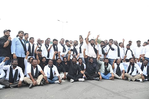 BRS leader and former Minister B Srinivas Goud protesting against the government
