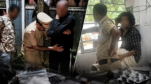 A collage showing police arresting a man in Kozhikode and another person turning violent at Maradu police station after his arrest with MDMA in his possession.