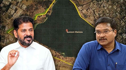 Telangana Chief Minister Revanth Reddy (left) and HYDRAA Commissioner AV Ranganath against the backdrop of Sunnam Cheruvu, one of HYDRAA’s most well-known demolitions