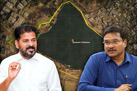Telangana Chief Minister Revanth Reddy and Commissioner AV Ranganath against the backdrop of Sunnam Cheruvu, one of HYDRAA’s most well known demolitions.  