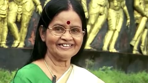 Savithri Sreedharan in a Kerala kasavu saree and green blouse