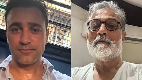 A side-by-side image of actor Imran Khan (left), wearing a light-coloured shirt, and activist Tushar Gandhi (right), wearing round glasses and a white shirt.