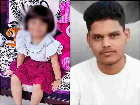 A split image featuring a young child on the left and a young man on the right. On the left side, a child with dark hair and a blurred face sits on a patterned sofa wearing a white frilled top and a maroon ruffle skirt, positioned next to a plush pink teddy bear and a stuffed tiger. On the right side, a portrait shows a young man with dark hair, light facial hair, and a white t-shirt looking directly at the camera.   