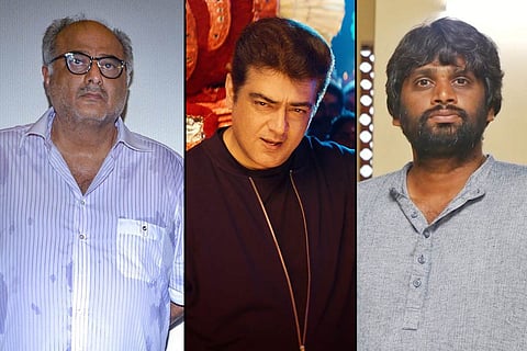 Producer Boney Kapoor on the left, actor Ajith in the center and director Vinoth on the right. 