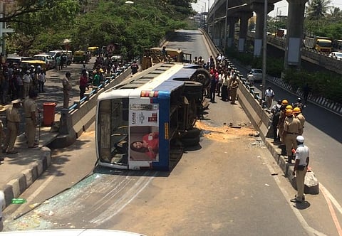 Narrow escape for passengers in Bengaluru as BMTC bus topples on flyover