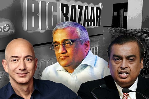 Jeff Bezos, Kishore Biyani and Mukesh Ambani collage