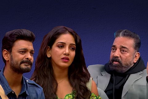Bigg Boss Tamil 5 contestants Abhinay and Pavni, and host-actor Kamal Haasan 