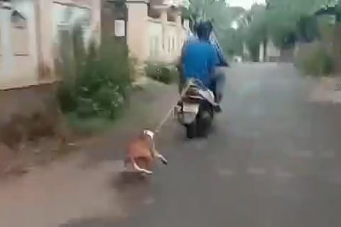 A man tied a dog behind his moving scooter using a rope in Kerala 