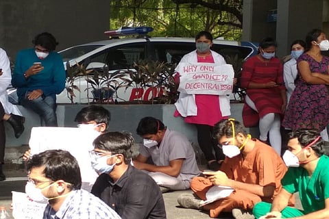 Gandhi hospital doctors come out in protest against state government apathy to health care even during a pandamic. 