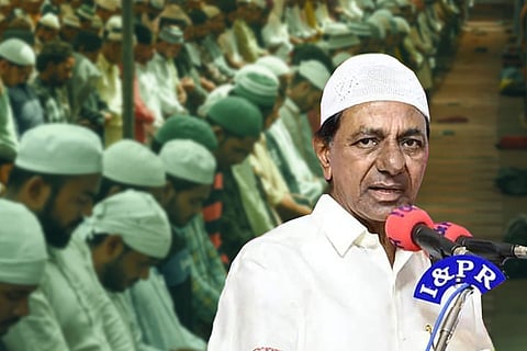 A collage of CM KCR and Muslims praying in the background