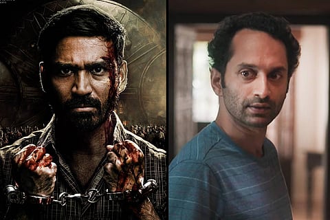An image of Dhanush from the film 'Karnan' on the left and an image of Fahadh Faasil from the film 'Joji' on the right. 