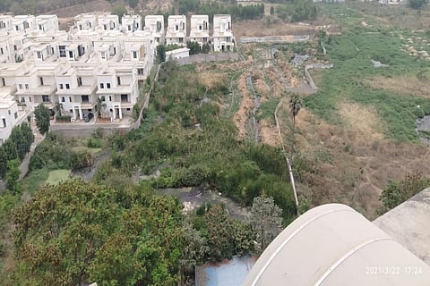Aerial view of Manjeera Diamond Tower at Nallagandla under the Serilingampally mandal in Hyderabad