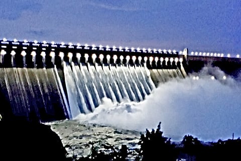 Of the 26 crest gates of the dam, 14 were lifted on Sunday when water level touched 580 feet, the full reservoir storage level of the dam is 590 feet. 