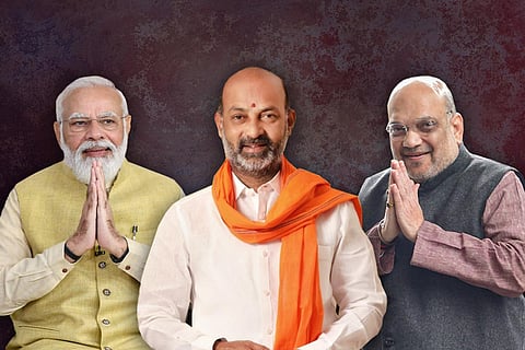 Prime Minister Narendra Modi, BJP Telangana chief Bandi Sanjay and Union Home Minister Amit Shah who are opposing the Muslim quota proposal in Telangana