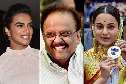 A collage of PV Sindhu, S. P. Balasubrahmanyam and Kangana Ranaut