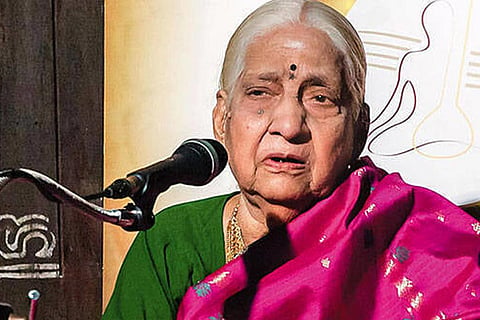 Kerala's renowned Carnatic Musician Parassala B Ponnammal, who died on June 22,  sitting and singing on a stage. 