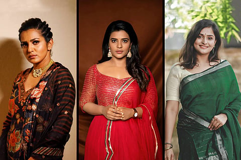 Actors Parvathy Thiruvothu (L), Aishwarya Rajesh, Ramya Nambeesan (R)