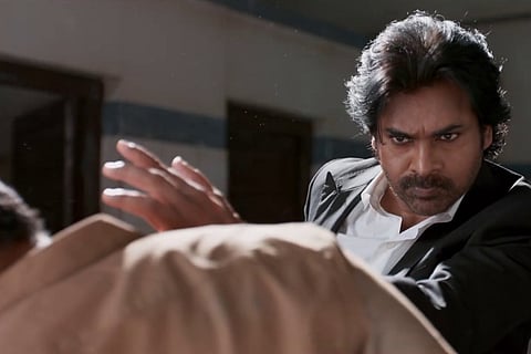 Pawan Kalyan in an action sequence from the movie Vakeel Saab