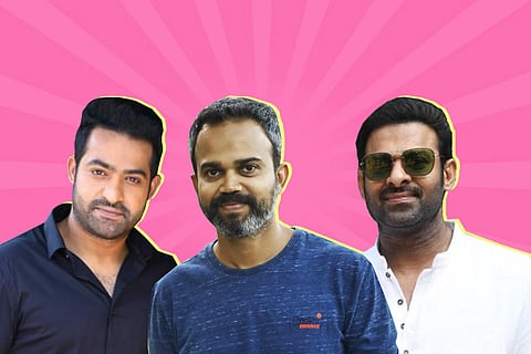 Actor Jr NTR on the left, actor Prabhas on the right and director Prashanth Neel is seen in the middle.