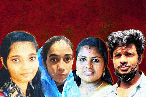 Collage of Greeshma and Arya, two Kerala women who died of suicide and that of their relative Reshma, who abandoned a child and her husband Vishnu 
