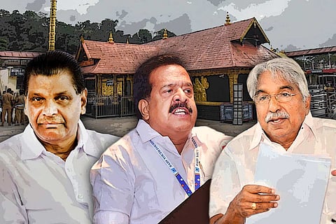 A stylised image of Congress leaders in Kerala Thiruvanchoor Radhakrishnan, Ramesh Chennithala and Oommen Chandy with Sabarimala temple in the background