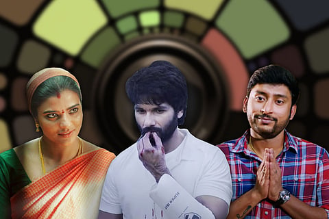 Actors Aishwarya Rajesh in The Great Indian Kitchen Tamil remake (L), Shahid Kapoor in 2022 Hindi in Jersey, and RJ Balaji in Veetla Vishesham (R)