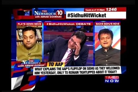 Watch Arnab Goswami ROFL as Sambit Patra mimics Sidhu's hilarious joke on Kejriwal 