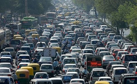 Vehicles stuck on the road due to traffic jam