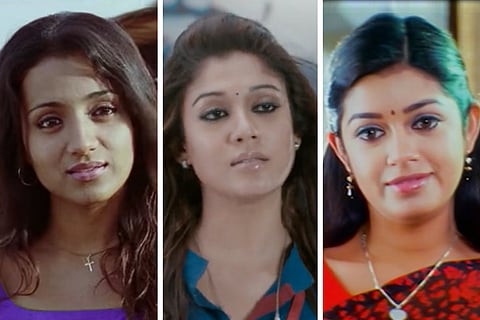 Trisha as Jessie on the left, Nayanthara as Regina in the middle and Chaya Singh as Nandini on the right.