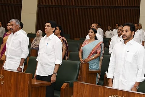 Chief minister Jagan Mohan Reddy and his cabinet ministers in the assembly 