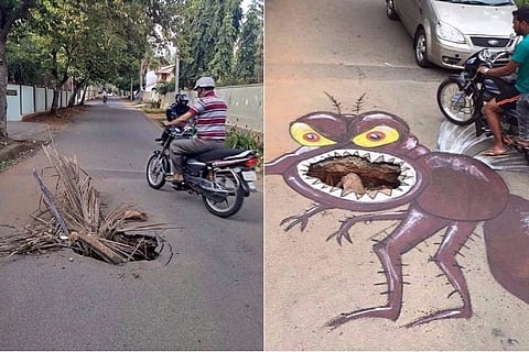 Bengaluru-based artist turns pothole in Mysuru road into menacing dengue mosquito