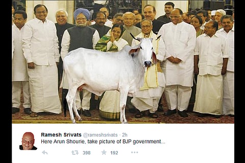 And a photo completes Shourie's 'BJP is  Congress plus cow' remark