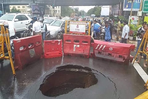 Road caved in at Chennai’s Madhya Kailash, huge crater barricaded to avert accidents