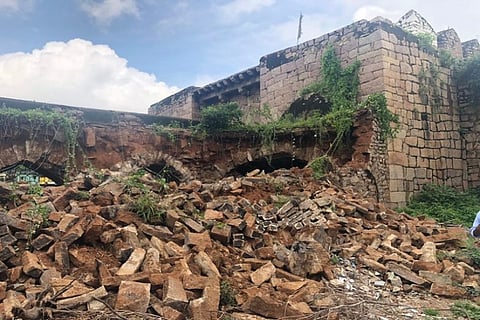 Part of the historic Golconda fort in Hyderabad crumbles due to heavy rains