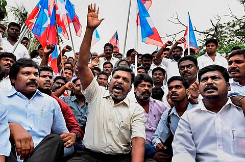 VCK leader Thol Thirumavalavan leading a protest