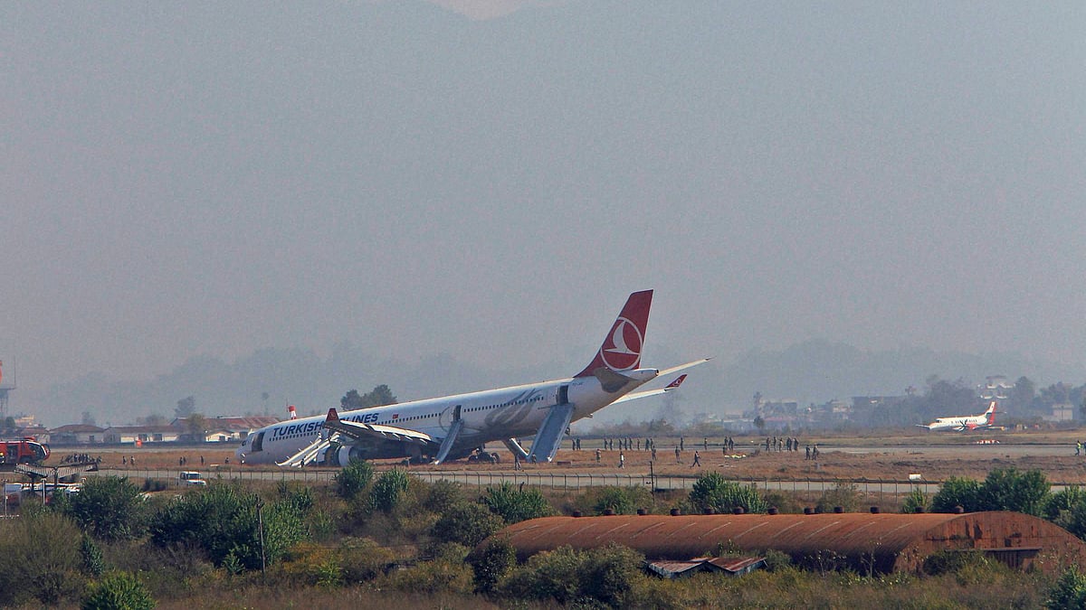 Turkish airline crash landing in Kathmandu after missing the central runway spot. (Photo: PTI)