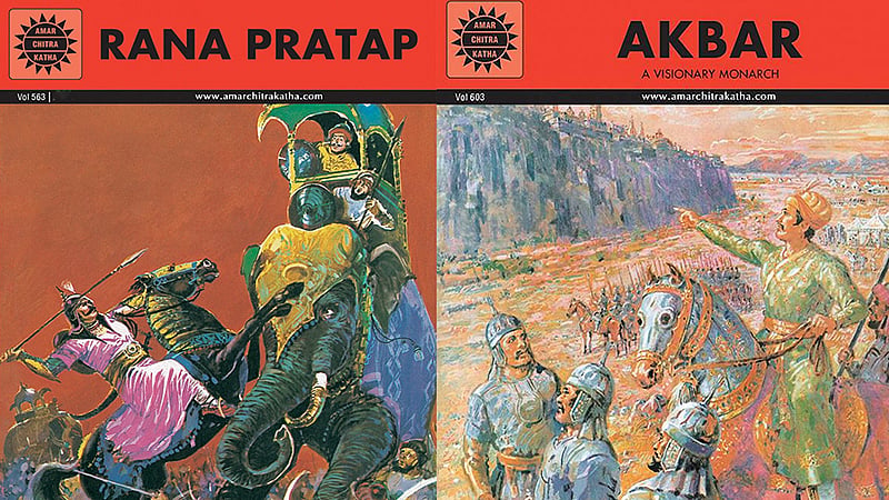 The covers of recent editions of <i>Rana Pratap </i>(L) and <i>Akbar </i>published by Amar Chitra Katha. The comic book was first published in the 1970s. 