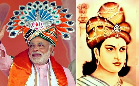 From left: Modi, in a peacock headgear and, an image showing an artist’s impression of Ashoka. Some Jain texts state that Ashoka could be a decendent of peacock herders. (Photo: The News Minute)