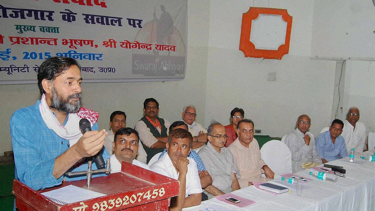 Yogendra Yadav speaking at a Swaraj Samvad programme. (Photo: PTI)
