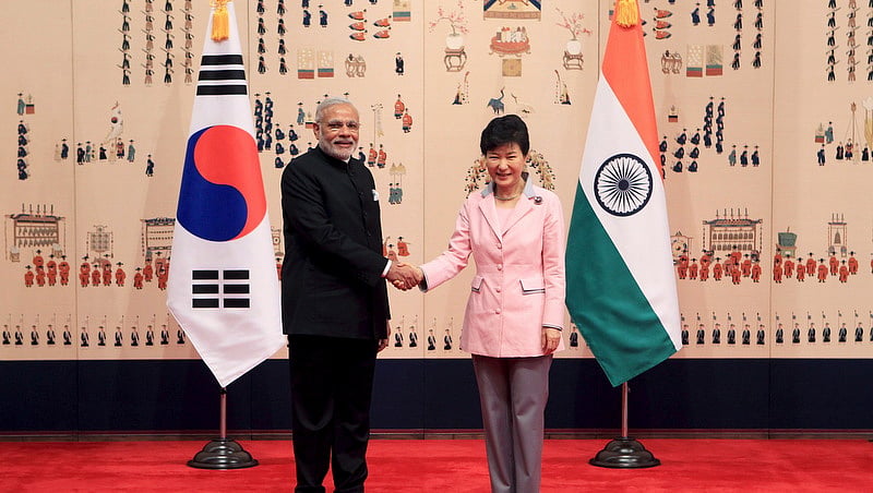 Prime Minister Narendra Modi shakes hands with South Korean President Park Geun-Hye prior to their meeting at the presidential Blue House on May 18, 2015 in Seoul, South Korea. (Photo: Reuters)