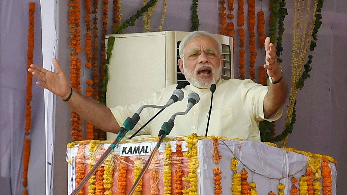 Prime Minister Narendra Modi addresses the Jan Kalyan Rally at Farah in Mathura district on Monday. (Photo: PTI) 