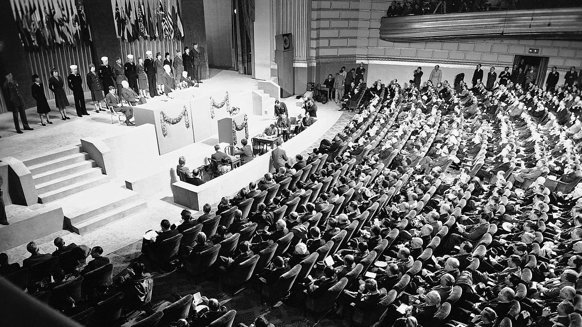 Delegates to the UNSC listen to US President Harry Truman in San Francisco in April 1945. 